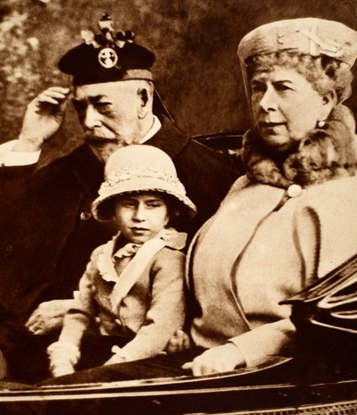 King George and Queen Mary Driving to Church with their granddaughter, Princess Margaret, 1930s by English Photographer